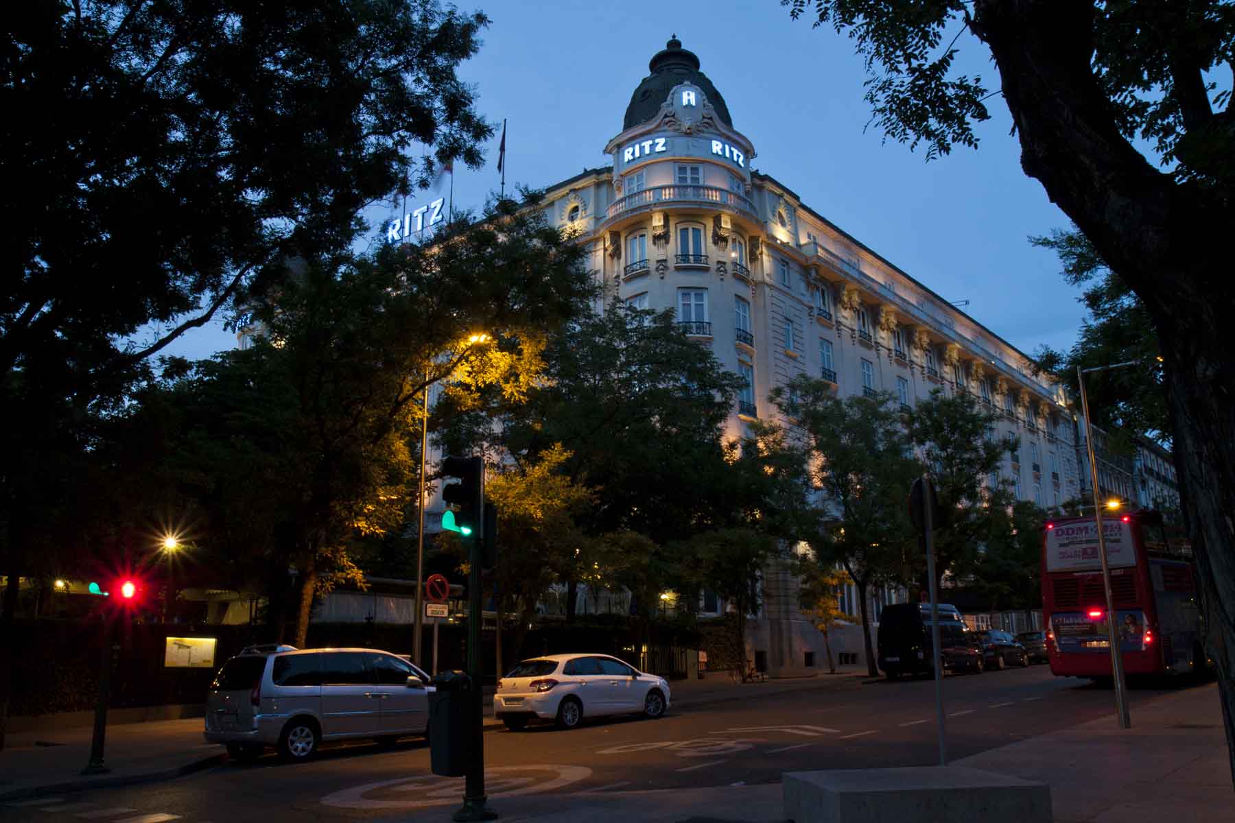 Corner view of the Hotel Ritz Madrid, evening